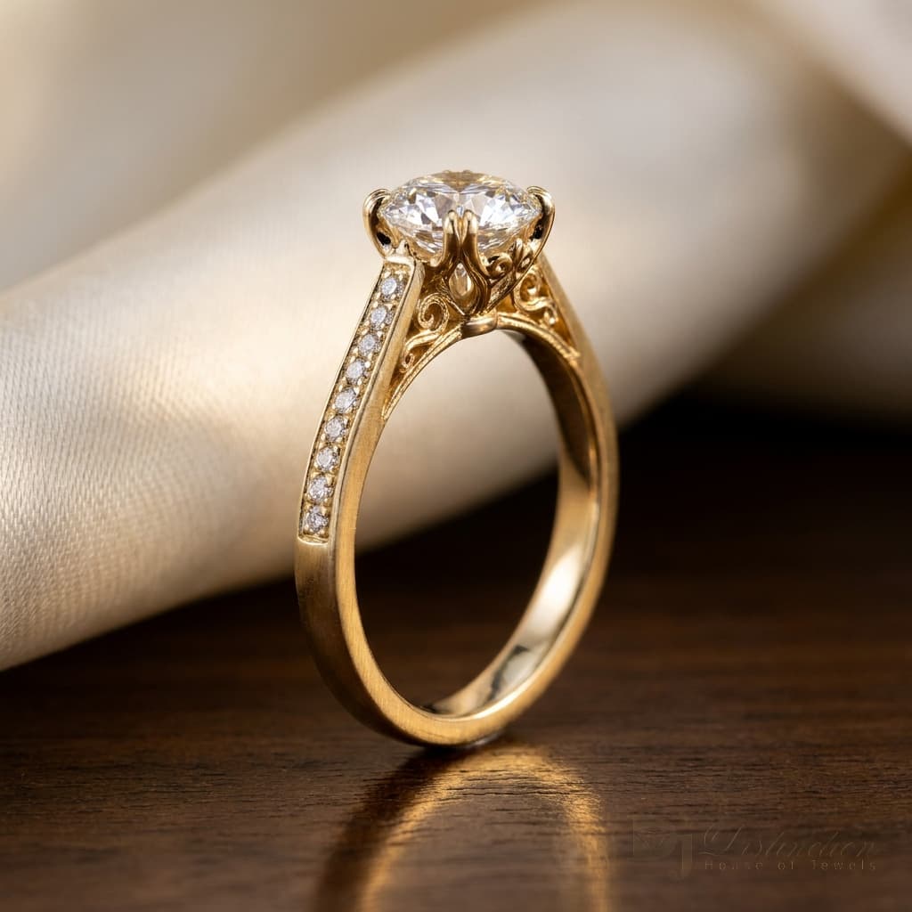 Custom 18k yellow gold solitaire engagement ring handmade at Distinction House of Jewels